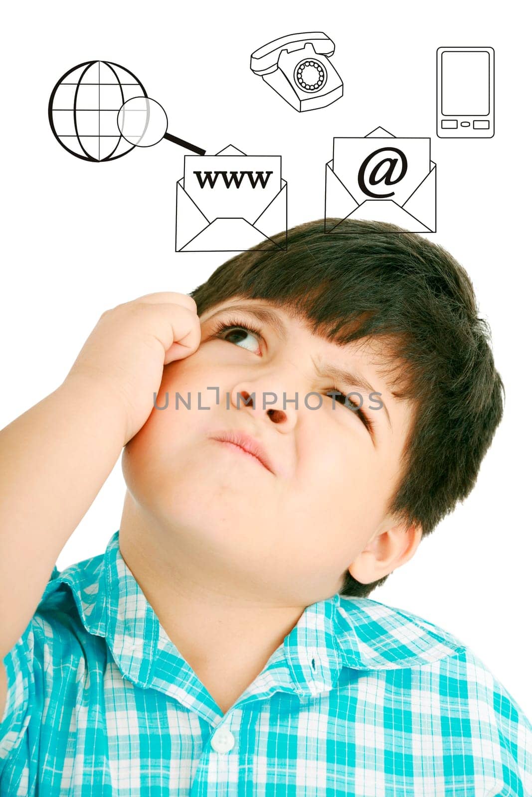 Thoughtful child with icons on the background