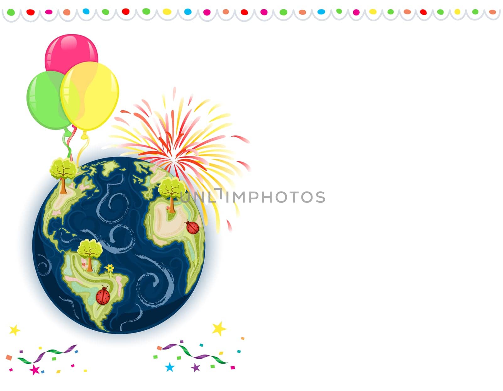 Earth Day Celebration - greeting card with balloons, fireworks and confetti.