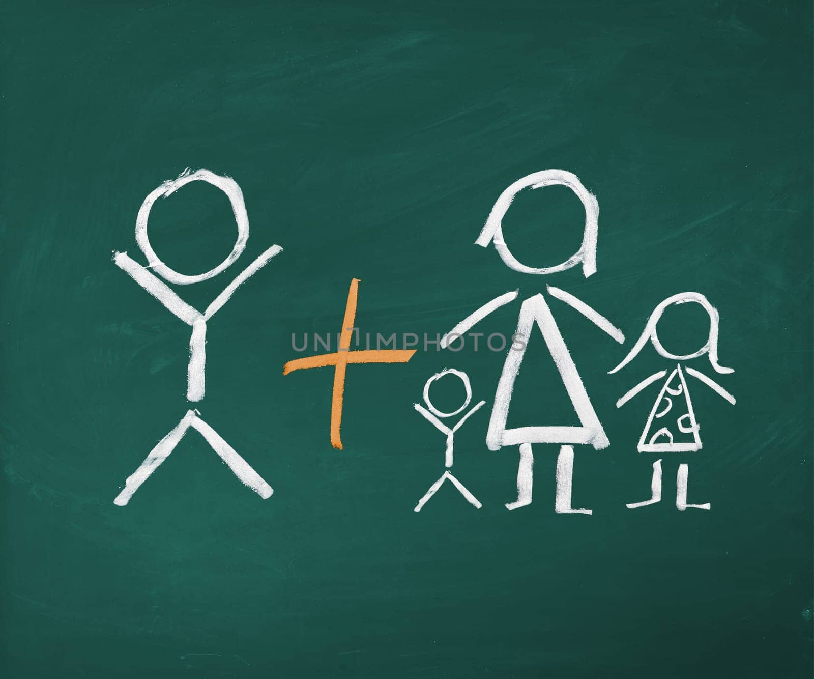 Patchwork family illustration in chalk on a chalkboard. A man, and a woman with two childs, find a new partner