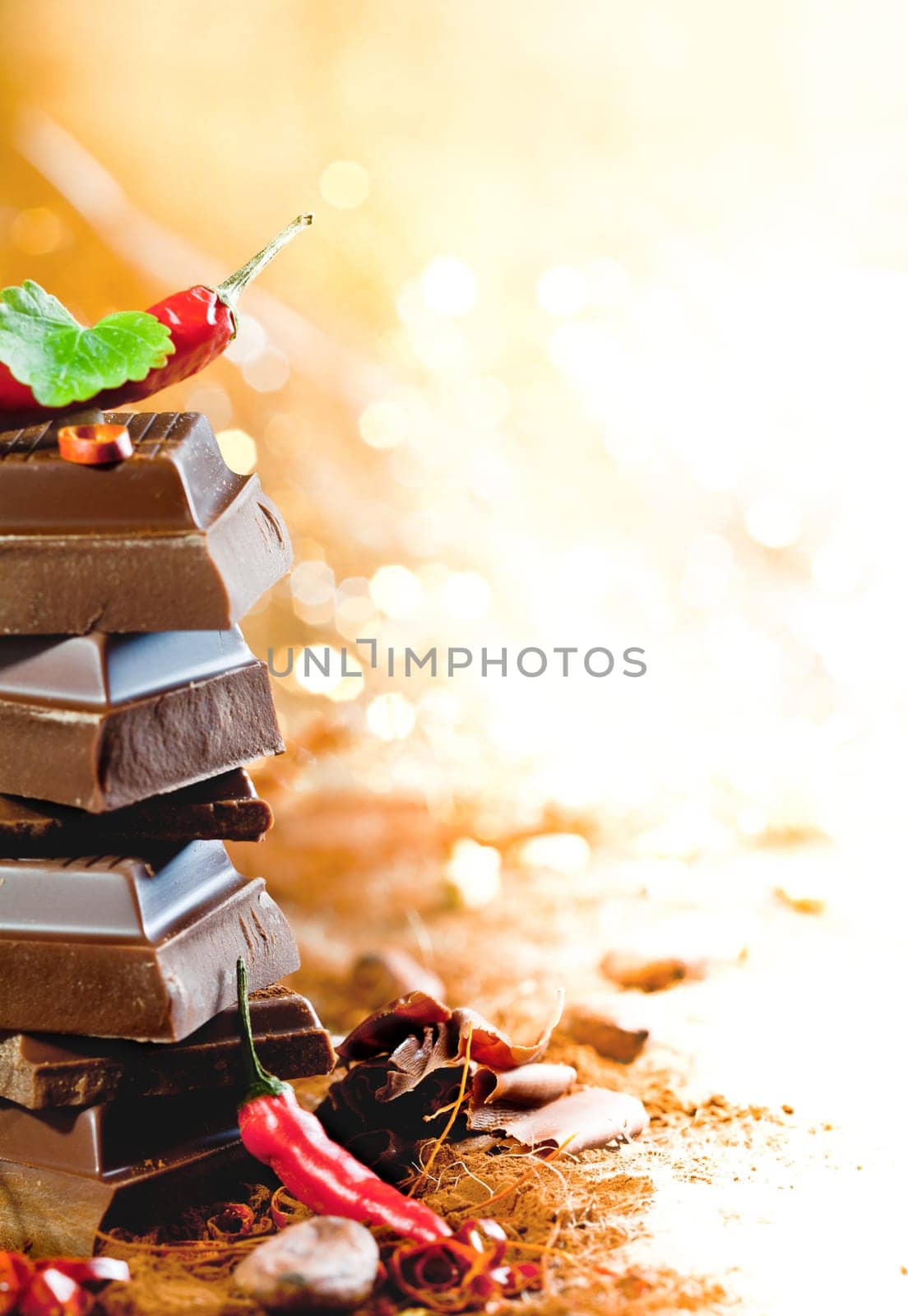A tower of chocolate blocks covered in red hot chiliswith copyspace of bright lights for concepts related to chocolate and cacao.