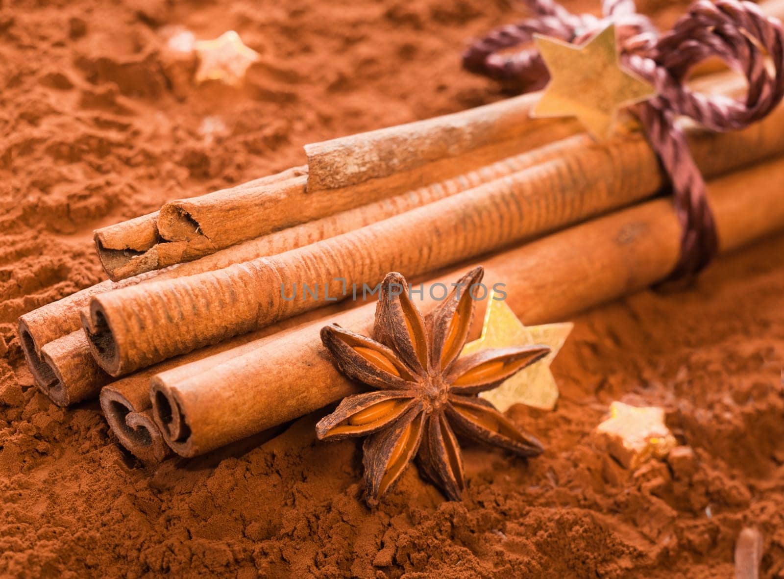 Bunch of Cinnamon with golden Stars and anise on powdered cacao