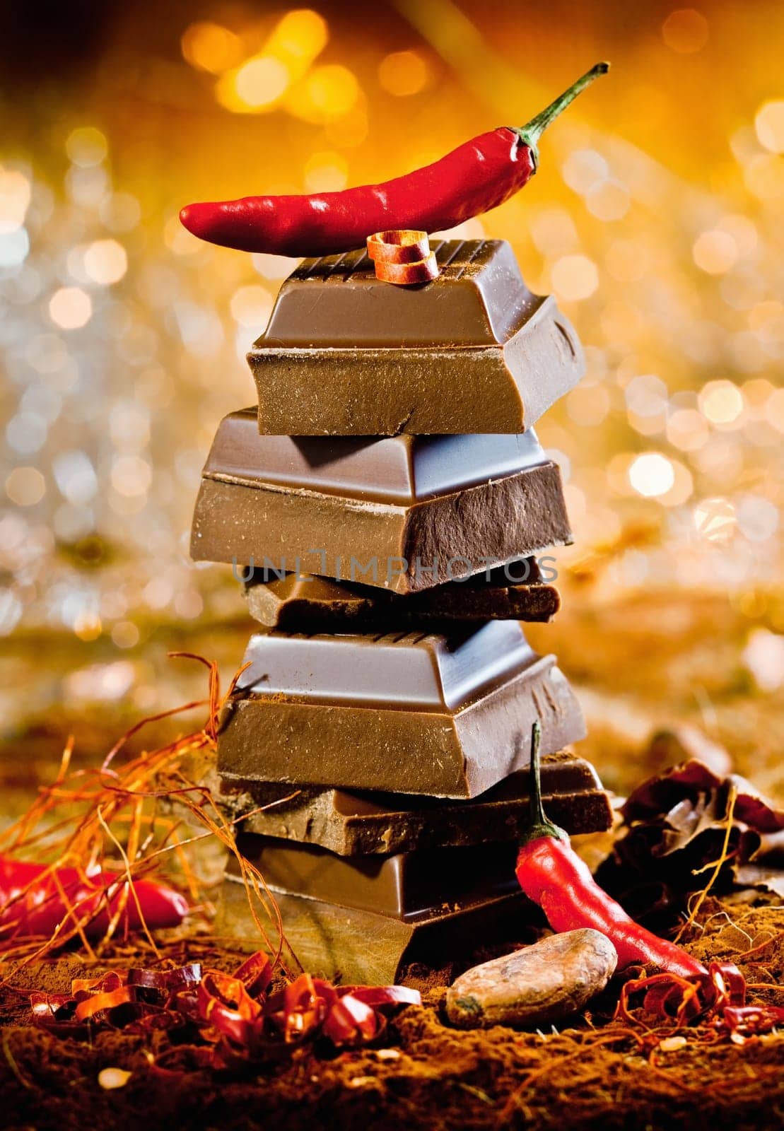 Conceptual image for red hot chocolate with a tower of chocolate cubes topped by a red hot chilli against a bokeh of festive lights
