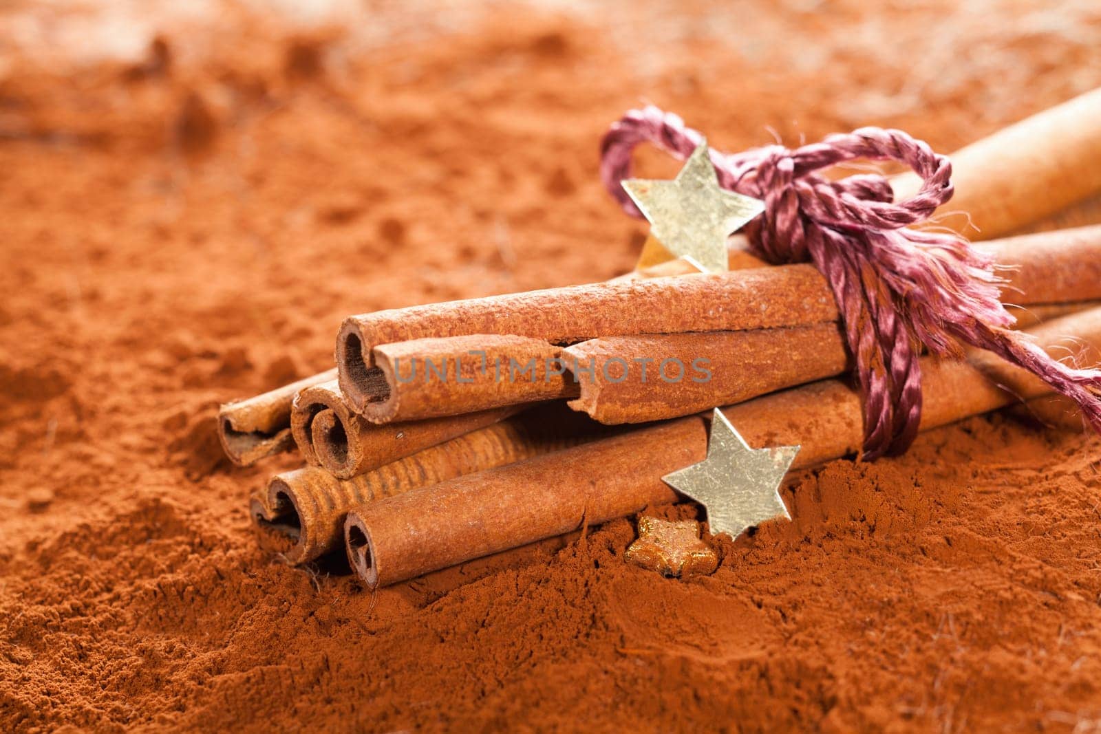 Bundle of Cinnamon with golden Stars on powdered cocoa