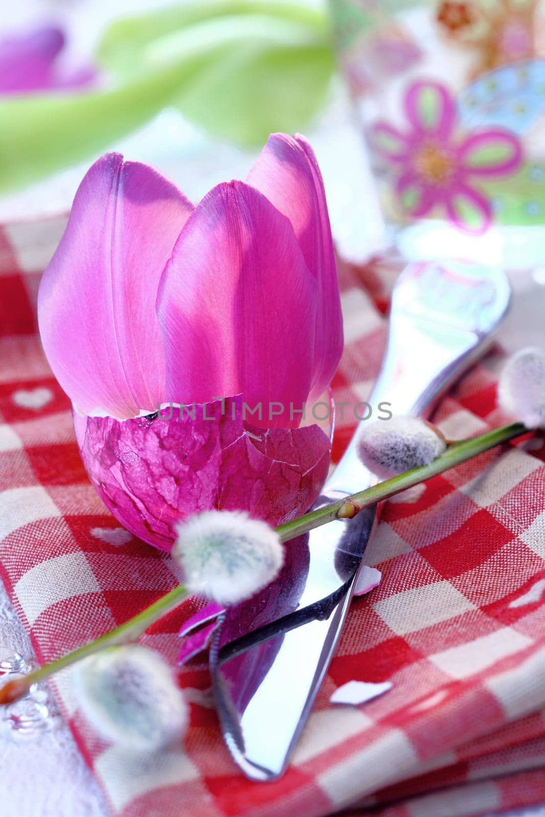 Tulip Leaves in an Egg Shell for happy easter decoration with a willow knot and a chequered napkin