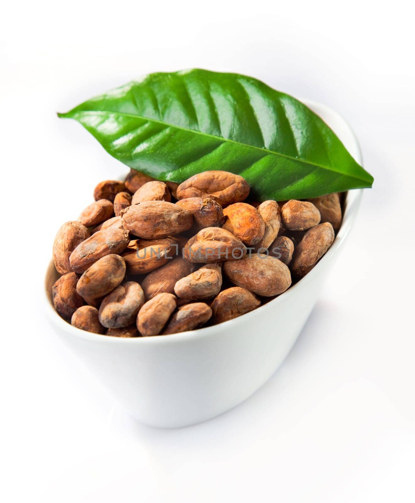 A bowl of cocoa with a green leaf isolated on white