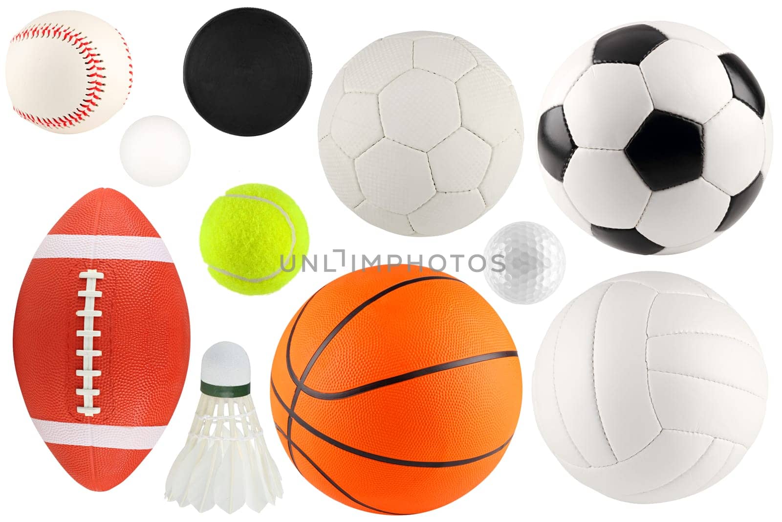Many different balls on a white background.