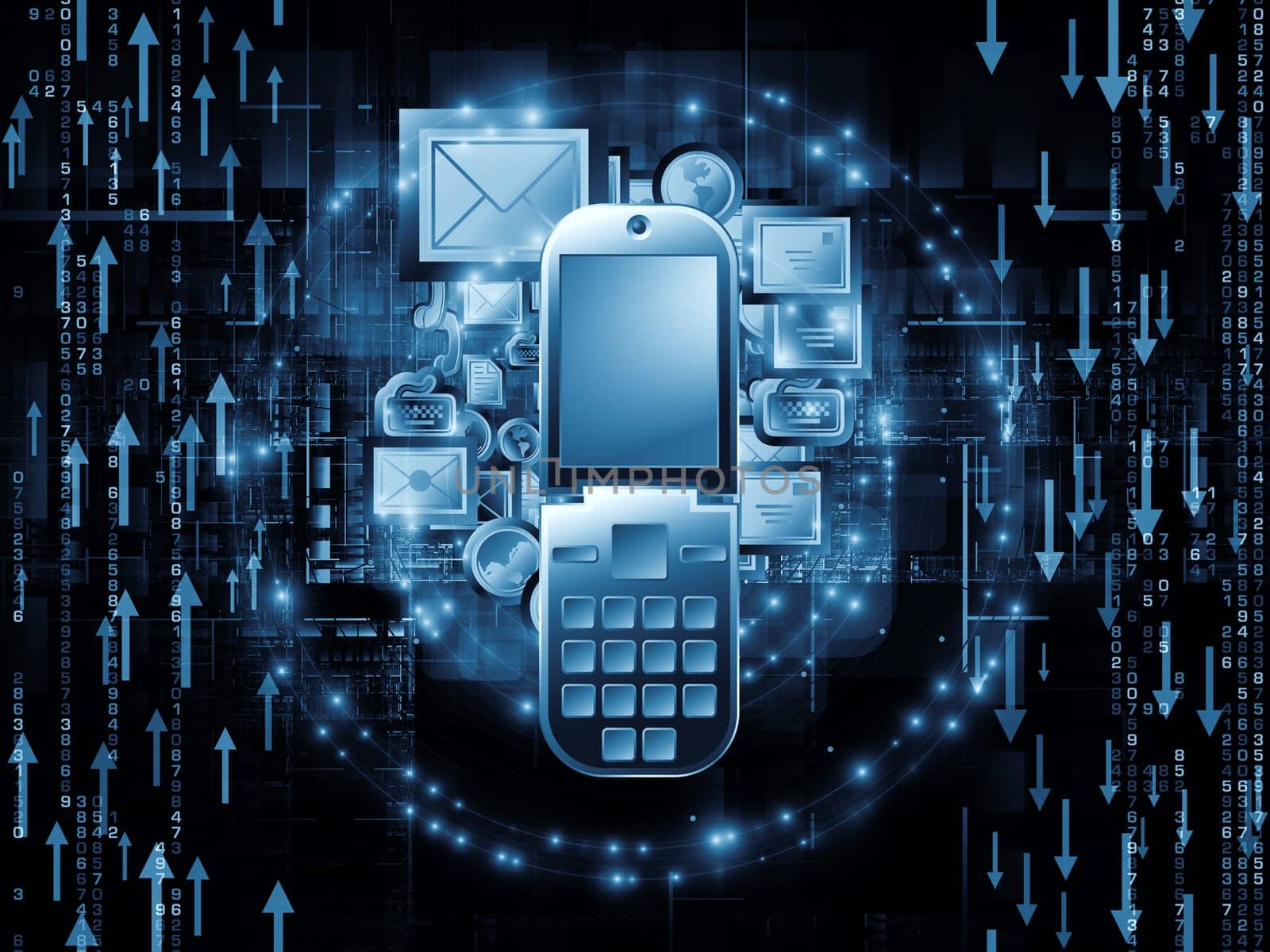 Composition of communication symbols,  messaging icons and technological design elements as a concept metaphor for global communications, messaging, information sharing and modern technologies