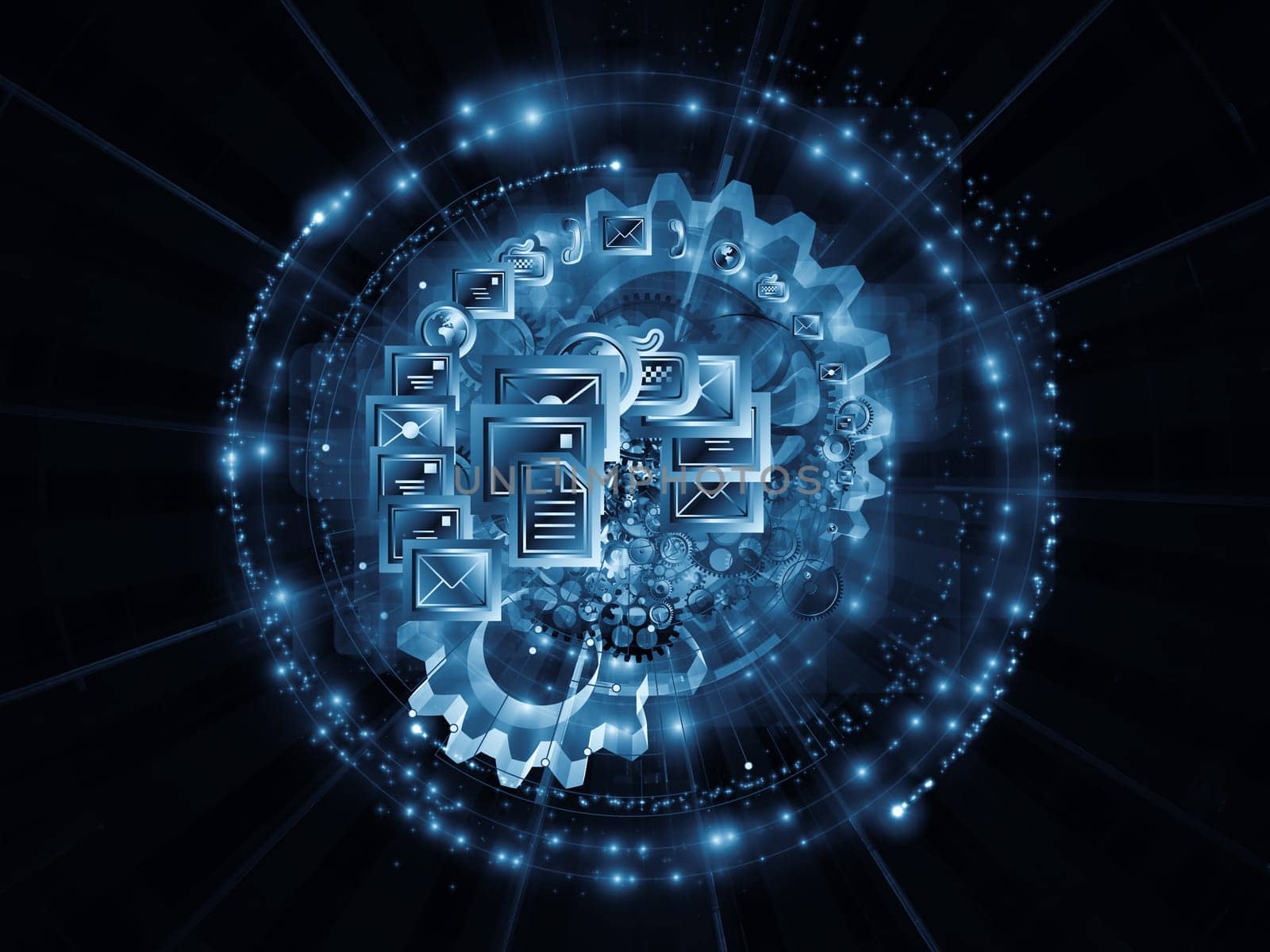 Interplay of communication and messaging symbols,  gears and technological design elements on the subject of telecommunications, messaging, information sharing and modern technologies