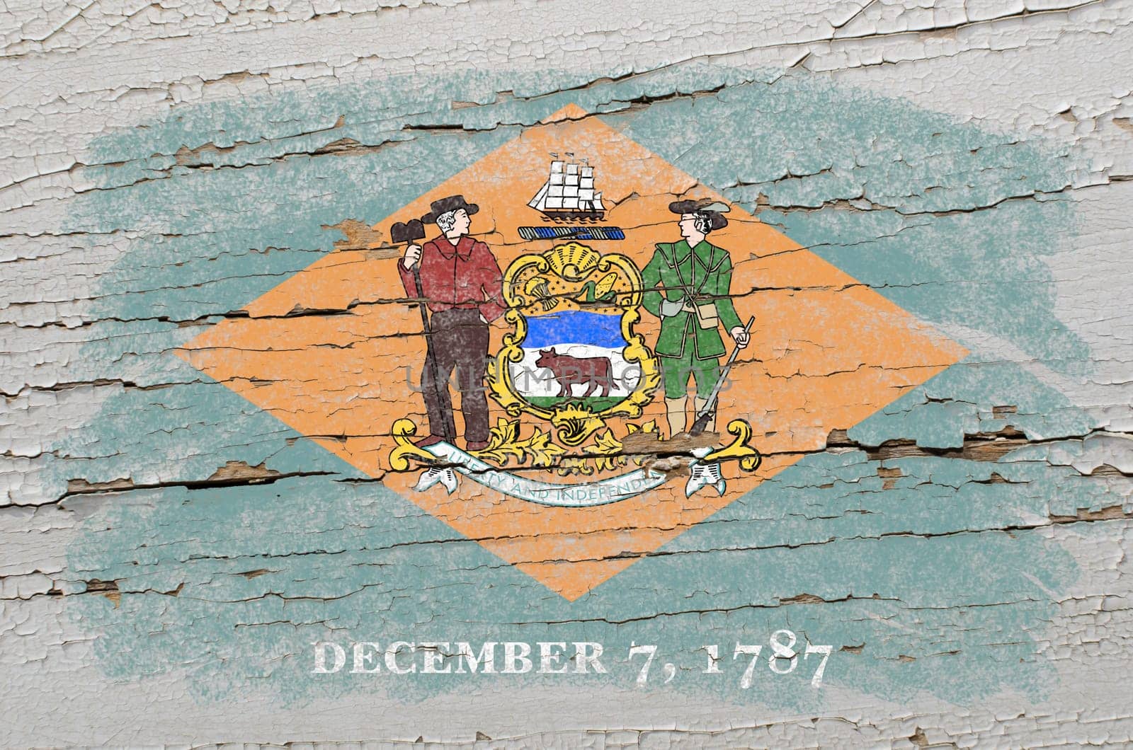 Chalky american state of delaware flag precisely painted with color chalk on grunge wooden texture