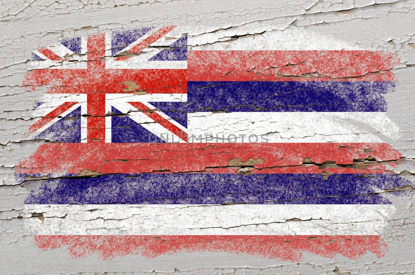Chalky american state of hawaii flag precisely painted with color chalk on grunge wooden texture