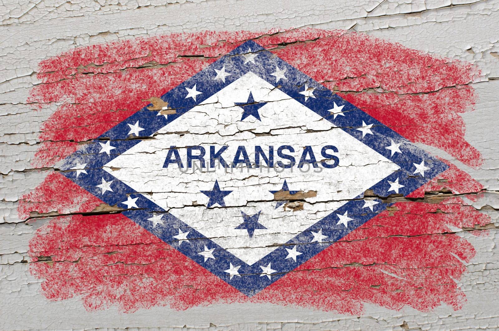 Chalky american state of arkansas flag precisely painted with color chalk on grunge wooden texture