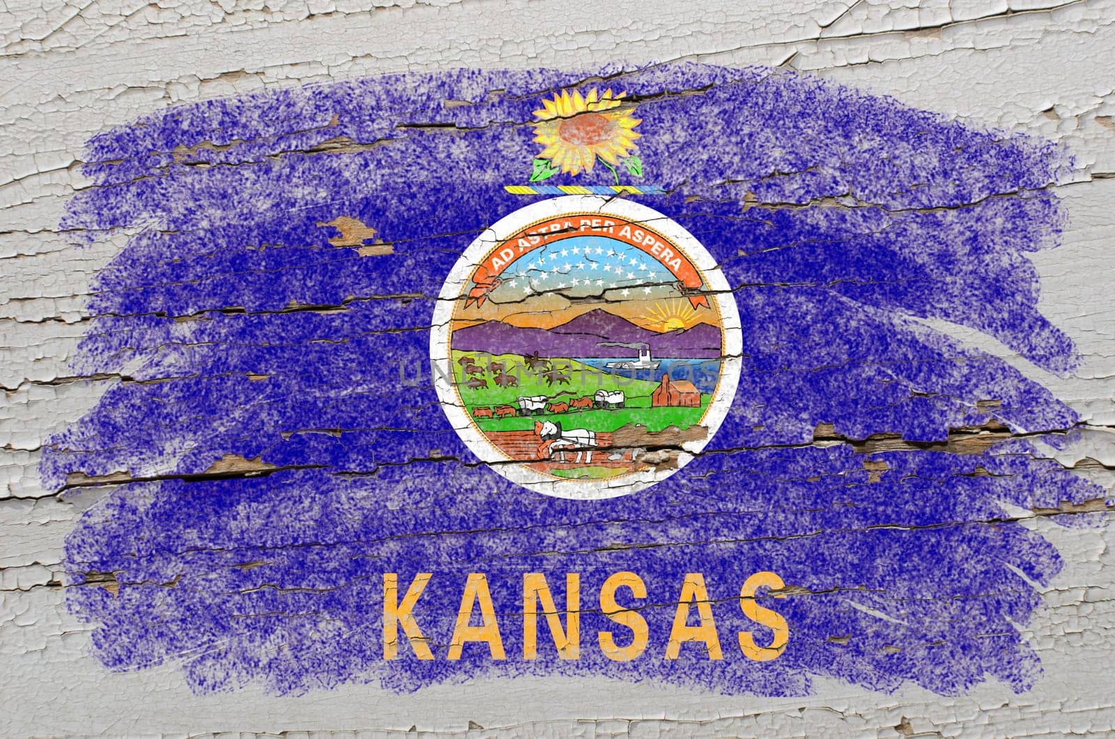 Chalky american state of kansas flag precisely painted with color chalk on grunge wooden texture