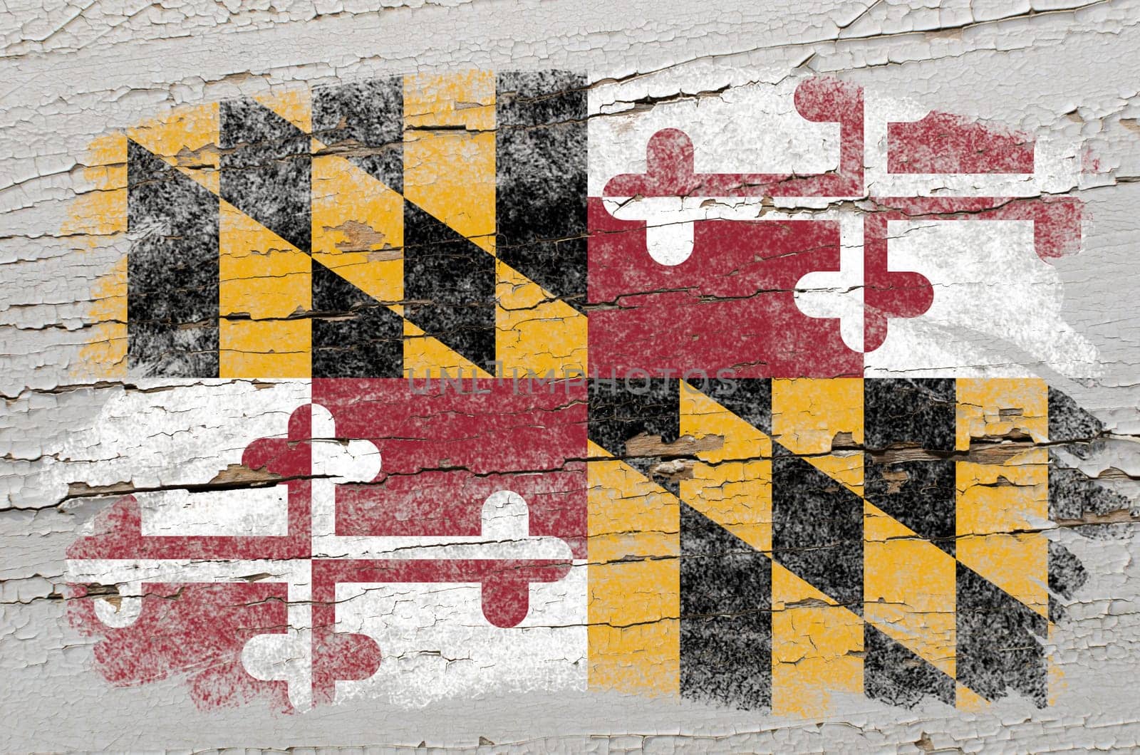 Chalky american state of maryland flag precisely painted with color chalk on grunge wooden texture