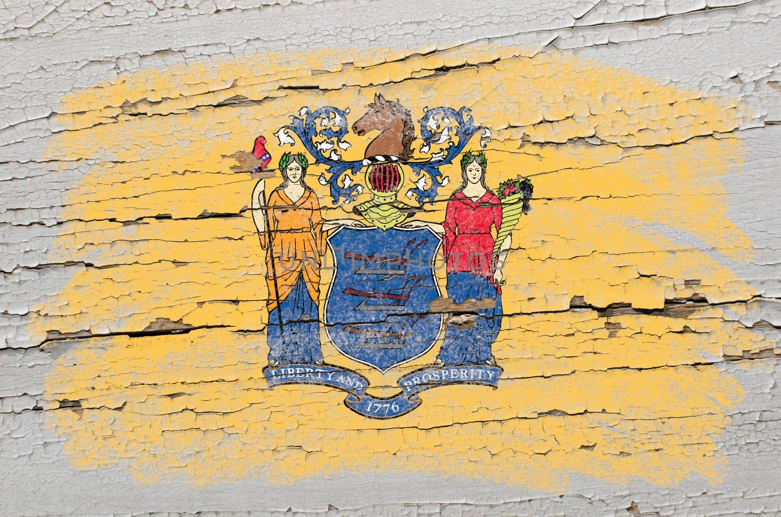 Chalky american state of new jersey flag precisely painted with color chalk on grunge wooden texture