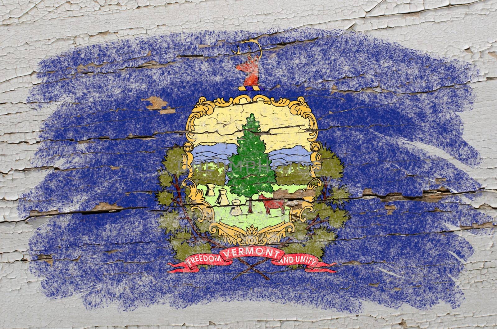 Chalky american state of vermont flag precisely painted with color chalk on grunge wooden texture