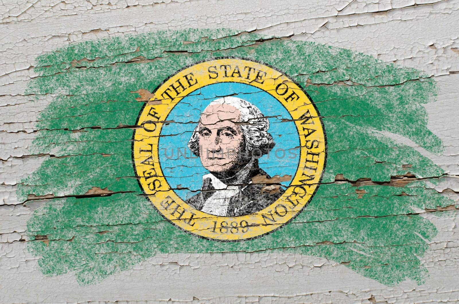 Chalky american state of washington flag painted with color chalk on grunge wooden texture