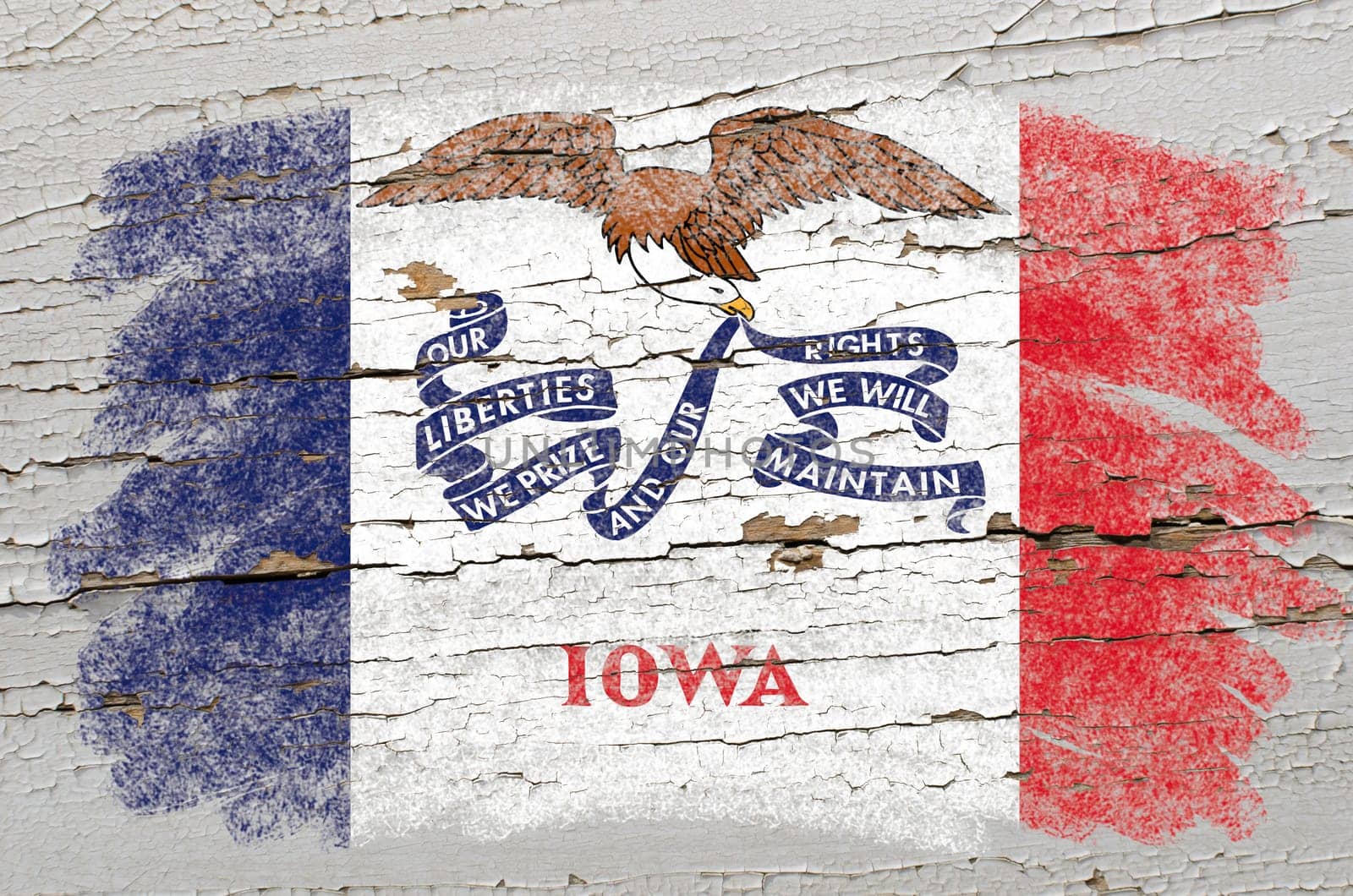 Chalky american state of iowa flag precisely painted with color chalk on grunge wooden texture