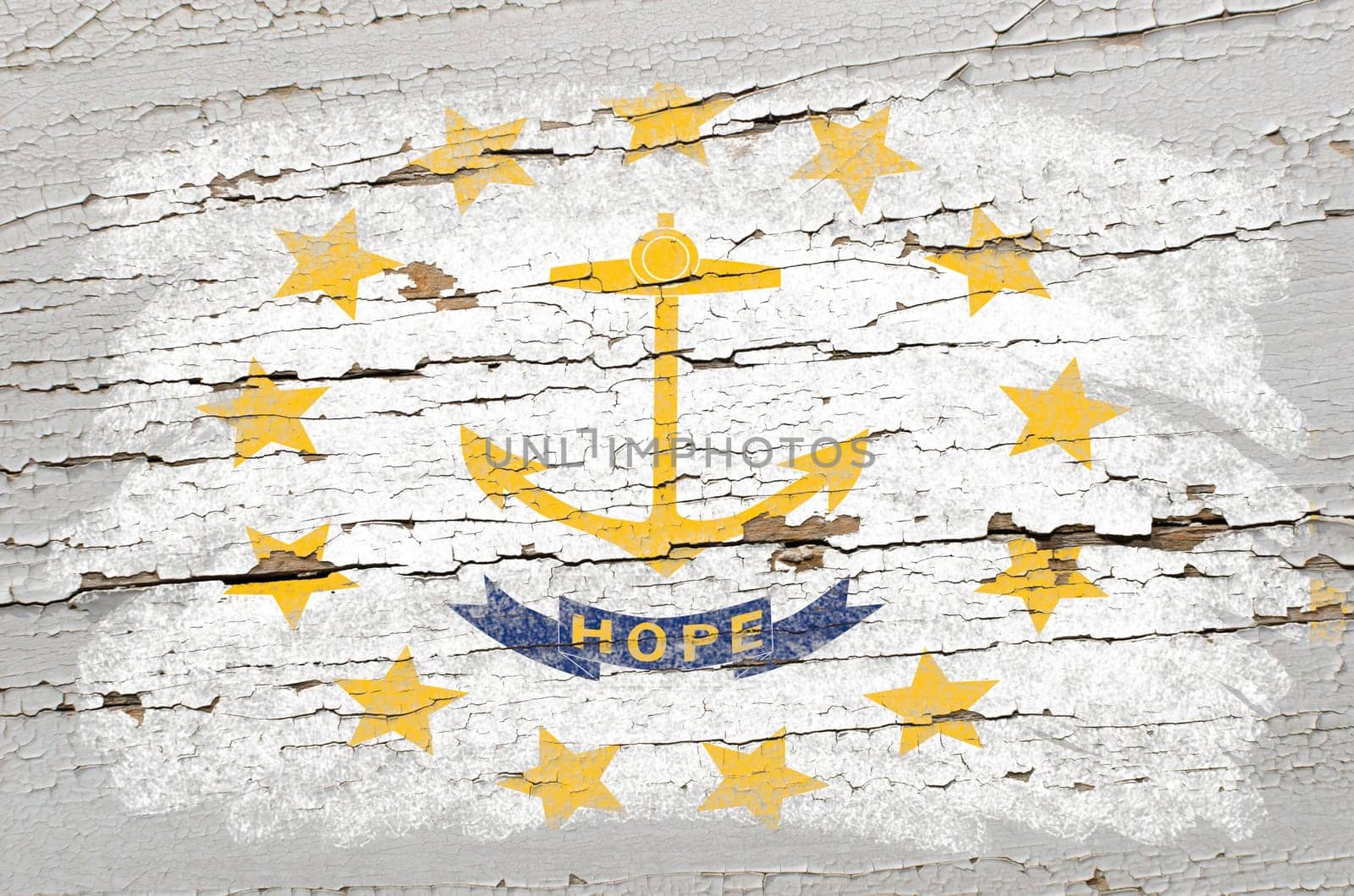 Chalky american state of rhode island flag precisely painted with color chalk on grunge wooden texture