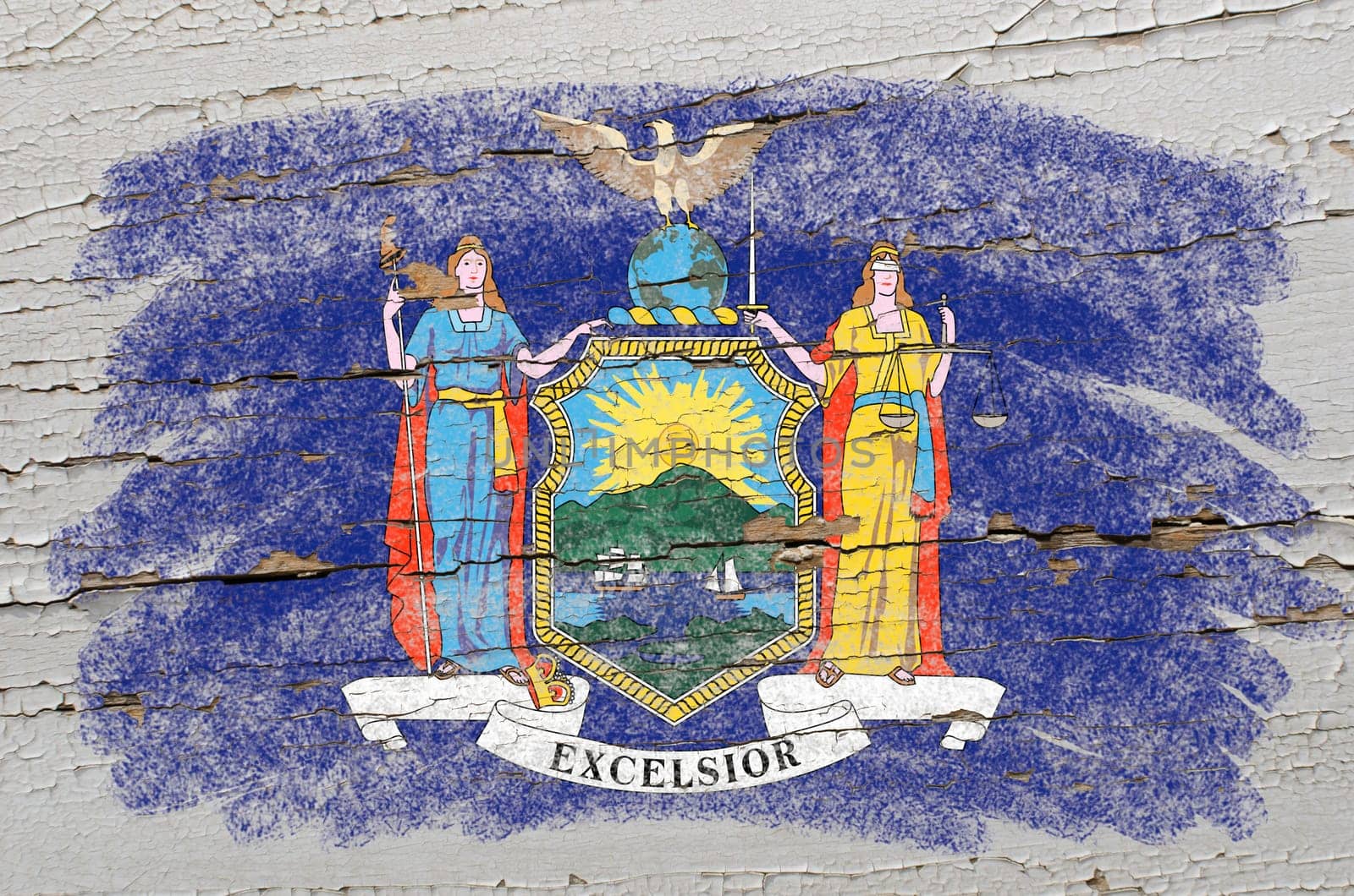 Chalky american state of new york flag precisely painted with color chalk on grunge wooden texture
