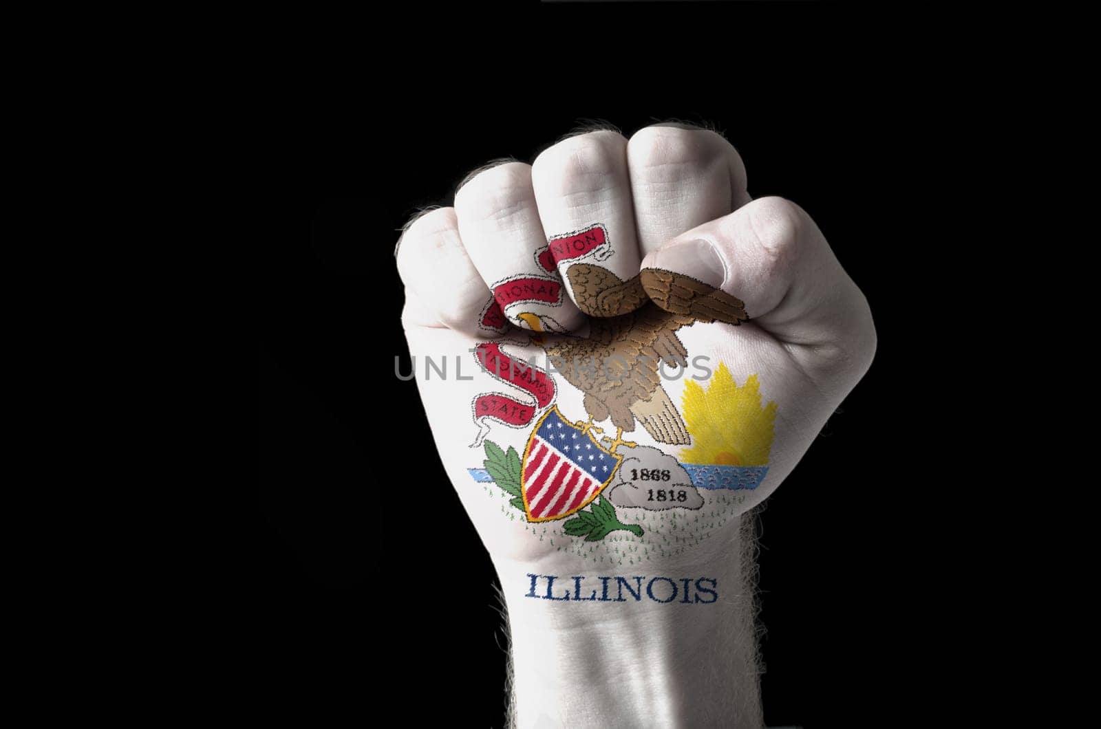 Low key picture of a fist painted in colors of american state flag of illinois