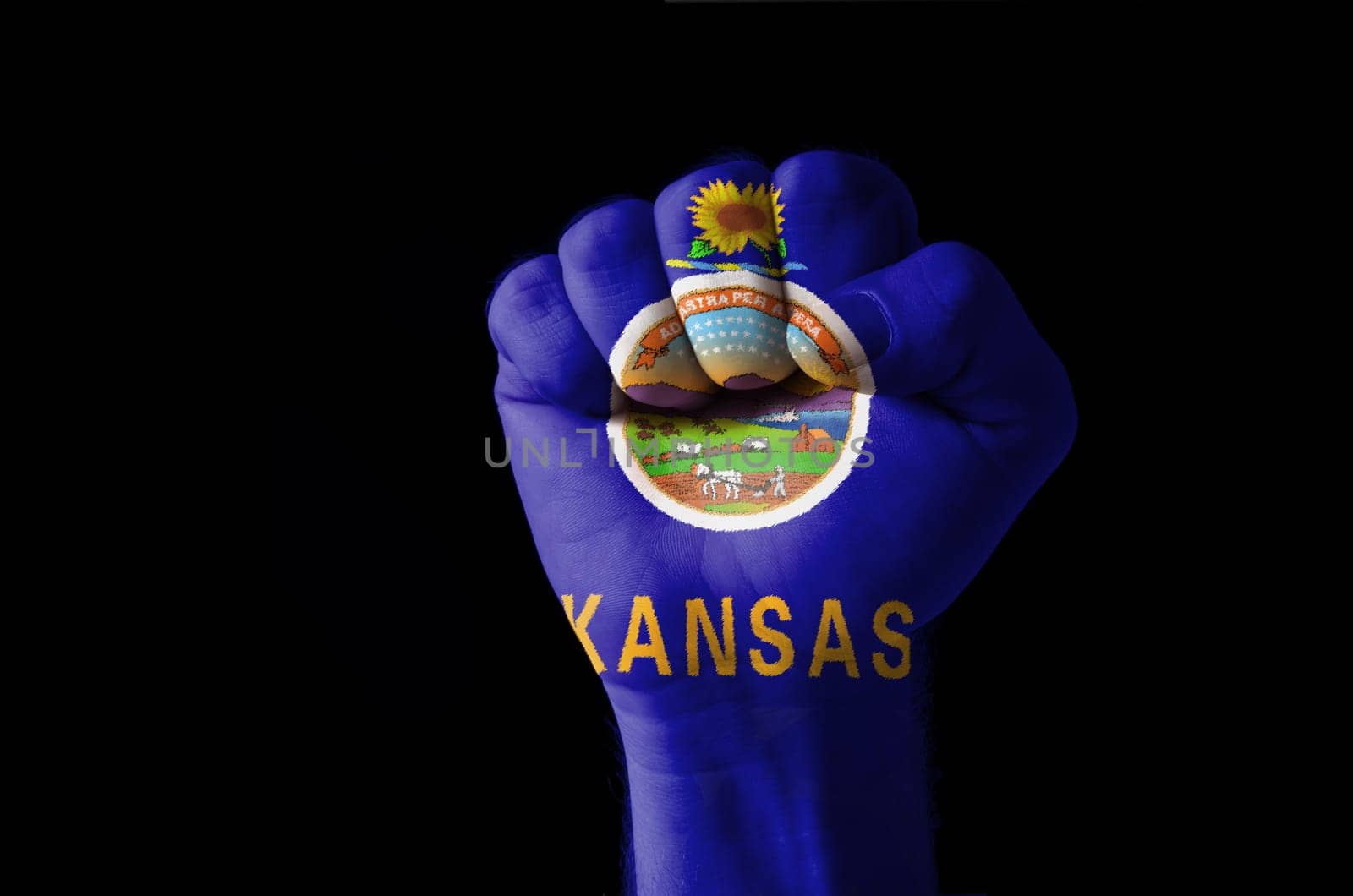 Low key picture of a fist painted in colors of american state flag of kansas