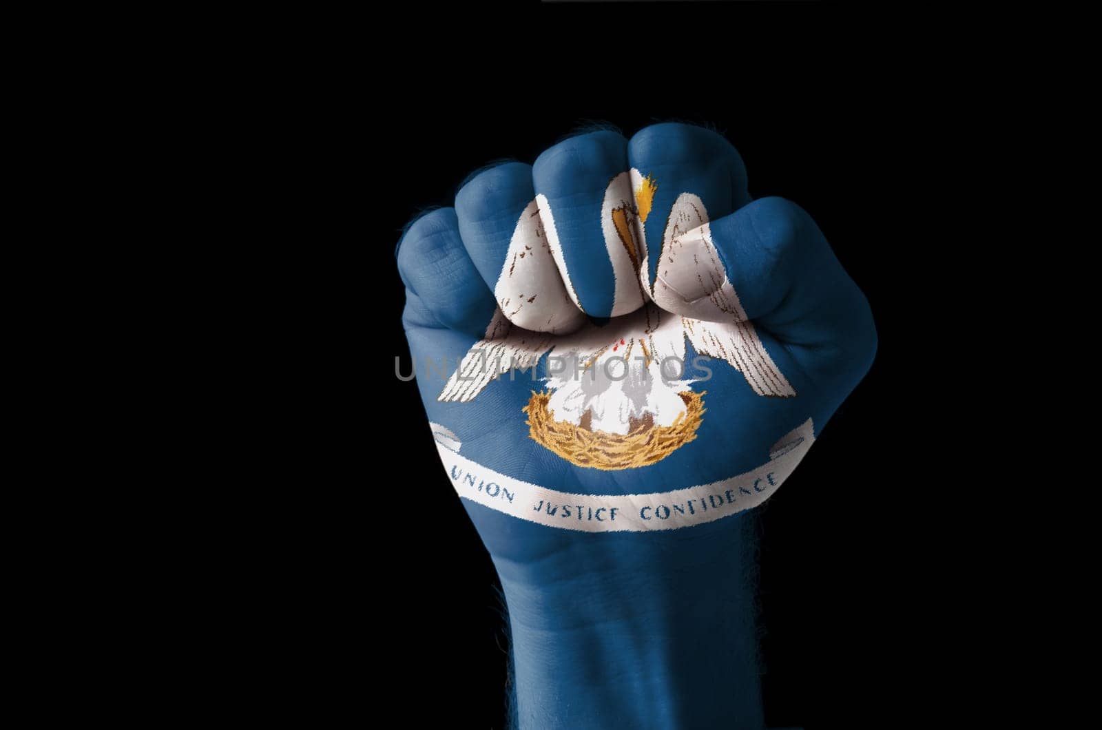 Low key picture of a fist painted in colors of american state flag of louisiana