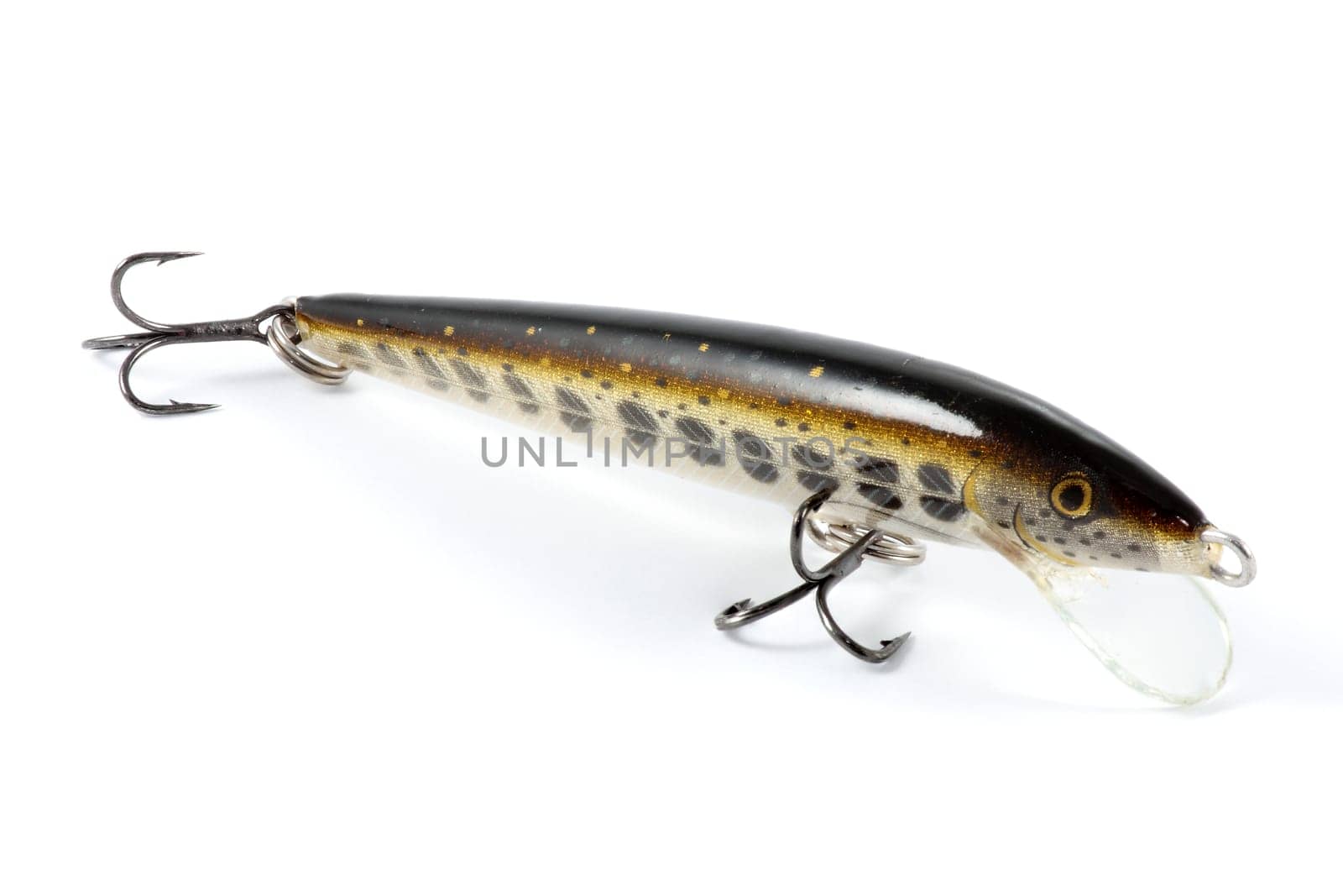 artificial imitation fish with hooks for fishing of predators on white background