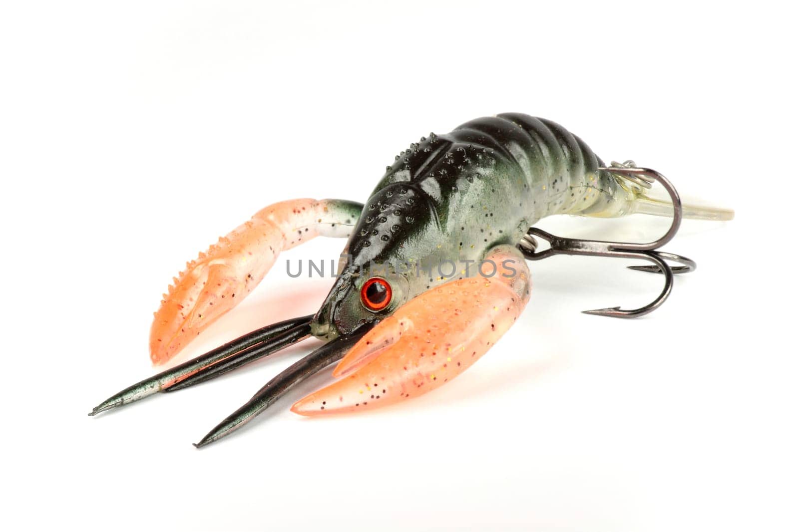 rubber artificial crab bait to catch black bass with a white background Horizontal