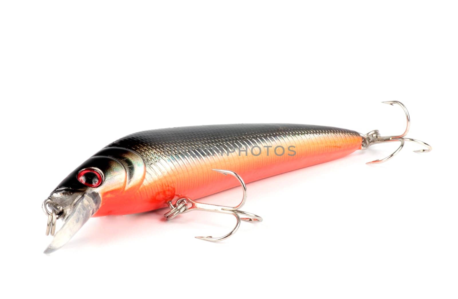 red and black artificial fish hooks when fishing for predators horizontally on white background