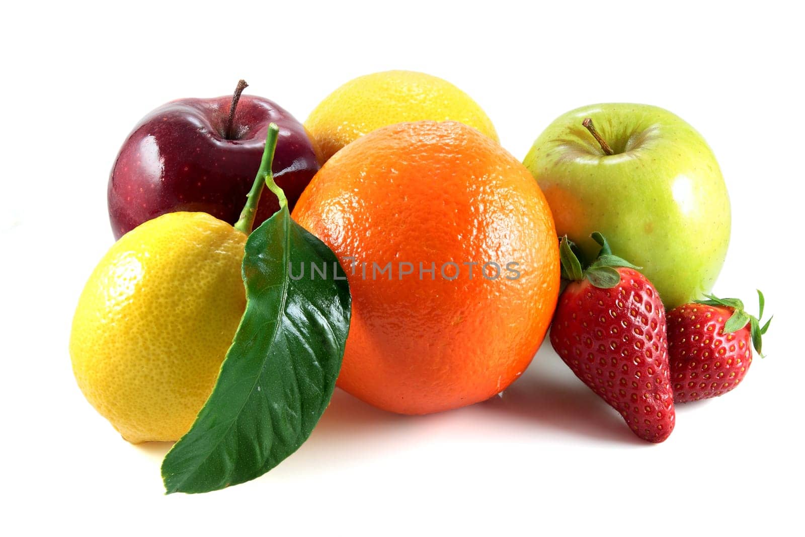 orange lemons apples and strawberries on a white background