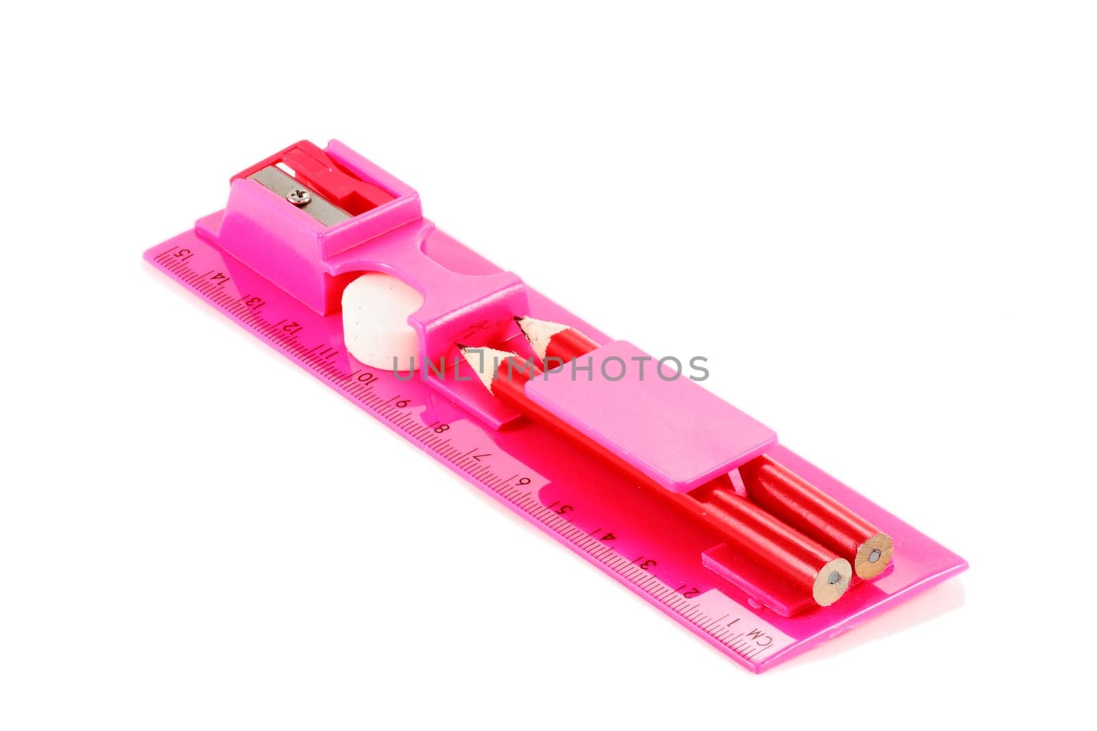 set school compound rubber pencils sharpener and ruler on a white background