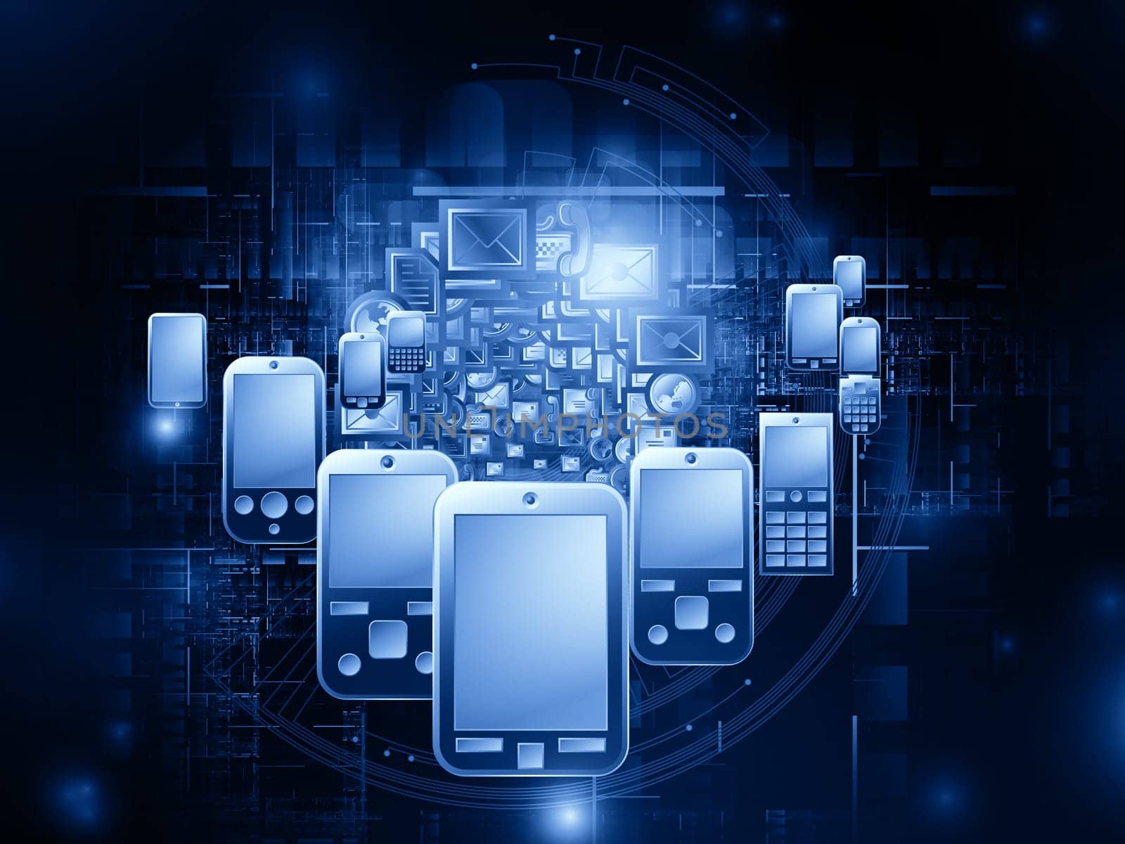 Interplay of communication symbols,  messaging icons and technological design elements on the subject of global communications, messaging, information sharing and modern technologies
