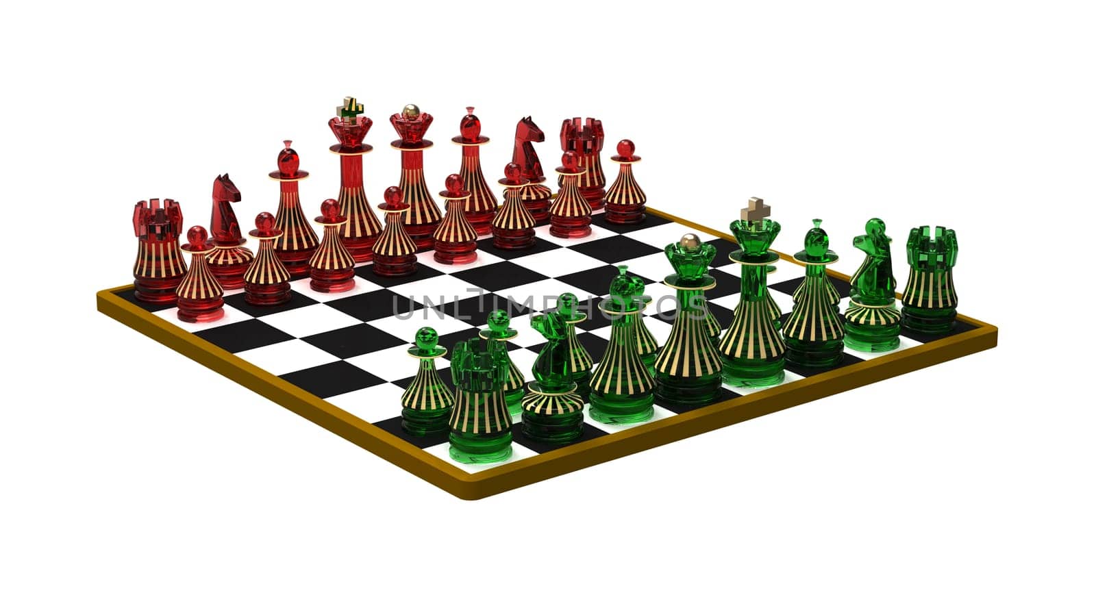 Set of chess figures on the chessboard, ready for playing, 3d render
