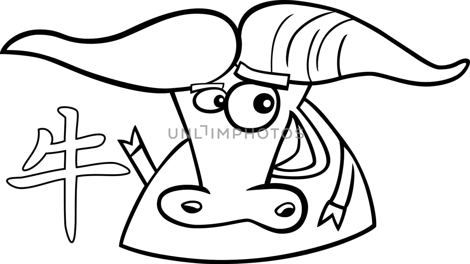 Black and white cartoon illustration of Ox Chinese horoscope sign