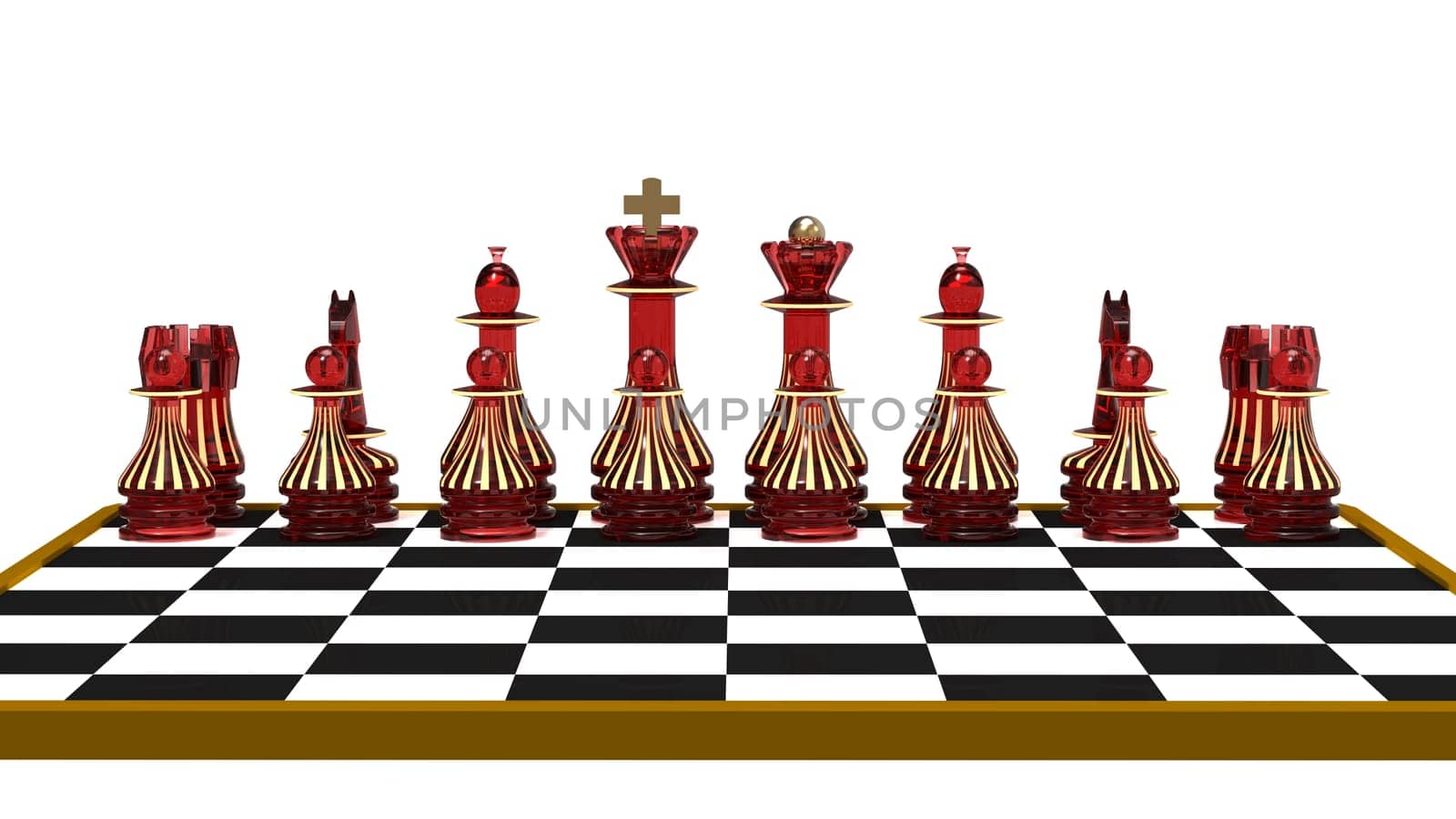 Set of chess figures on the chessboard, 3d render