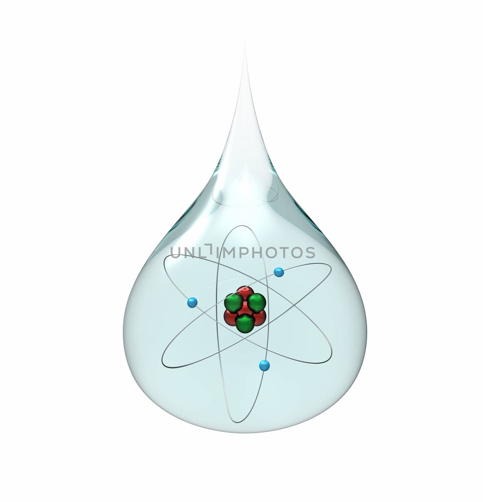 Model of a lithium atom in a drop of water, isolated on white, 3d render
