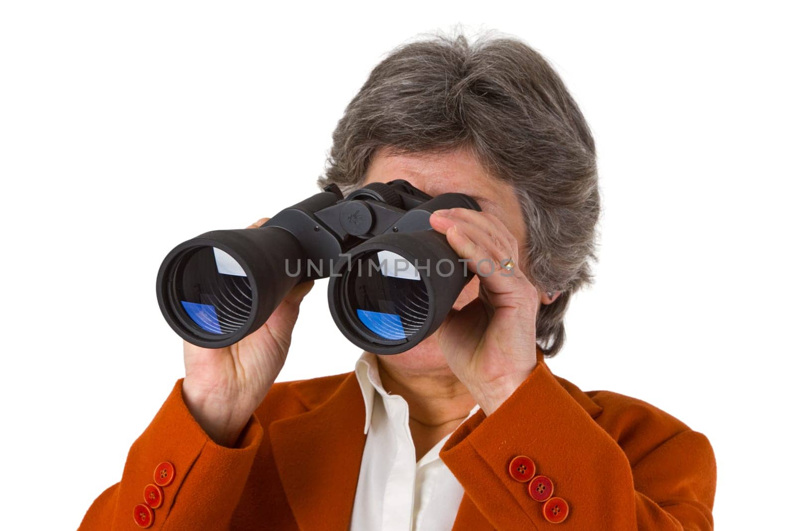 Senior woman with binoculars - isolated on white background
