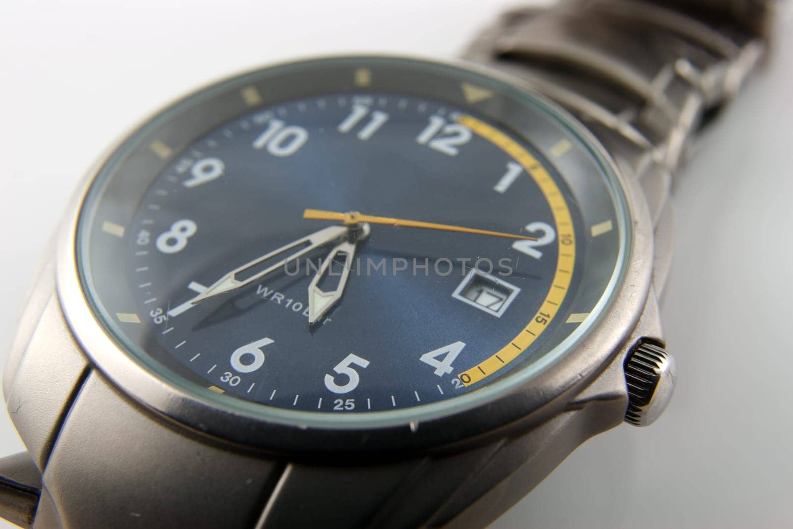 Mens stainless steel and cobalt blue dress wristwatch