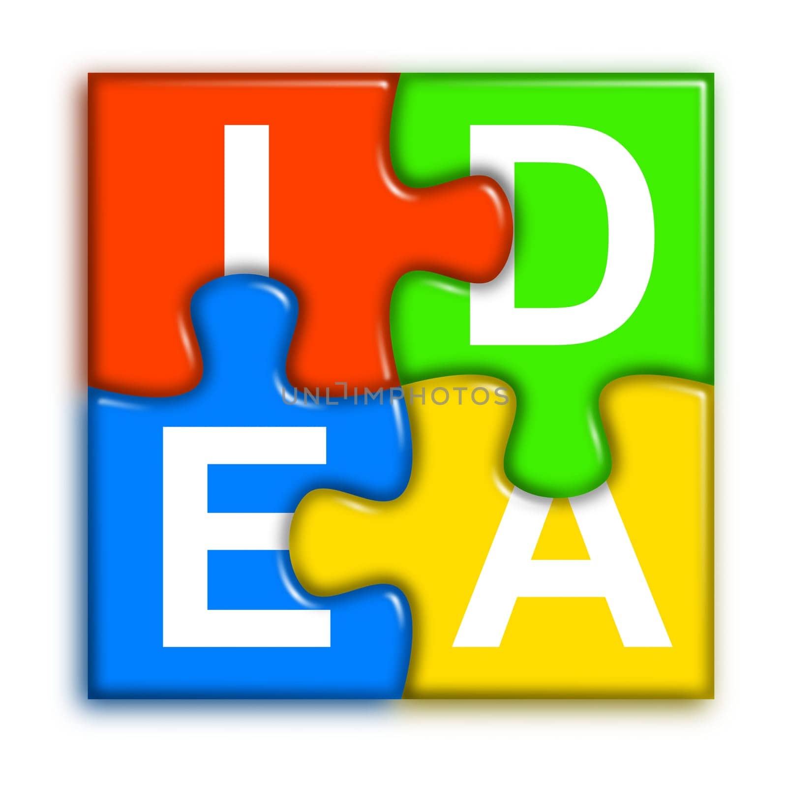 four multi-color puzzle pieces combined representing idea concept