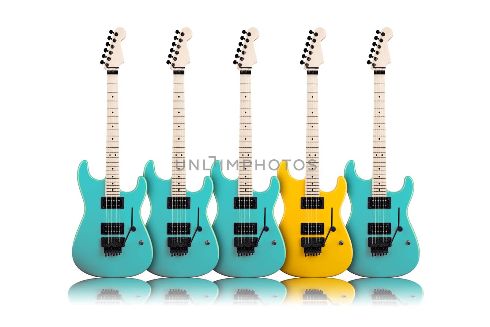individuality concept. yellow guitar in a middle of blue