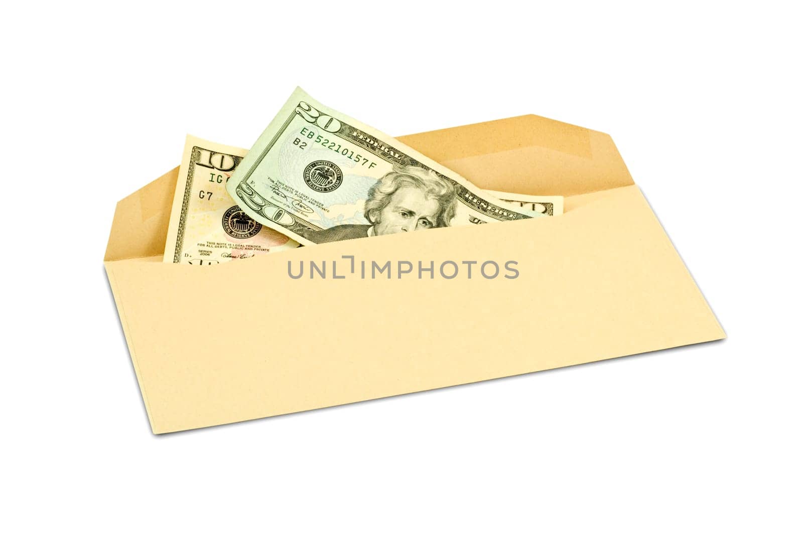 corruption concept. Dollar banknotes in envelope on white