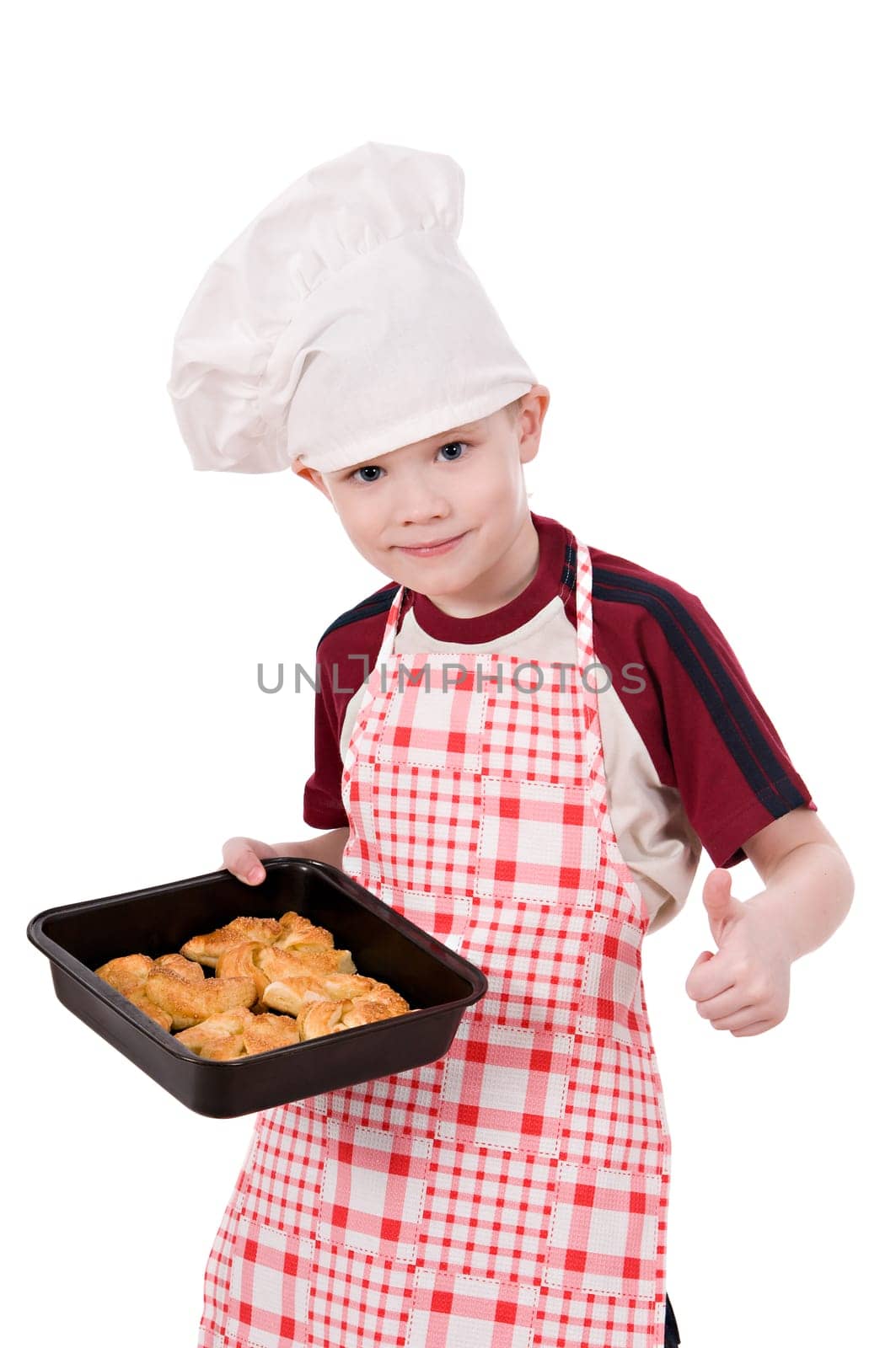 boy chef with baking isolated on white background