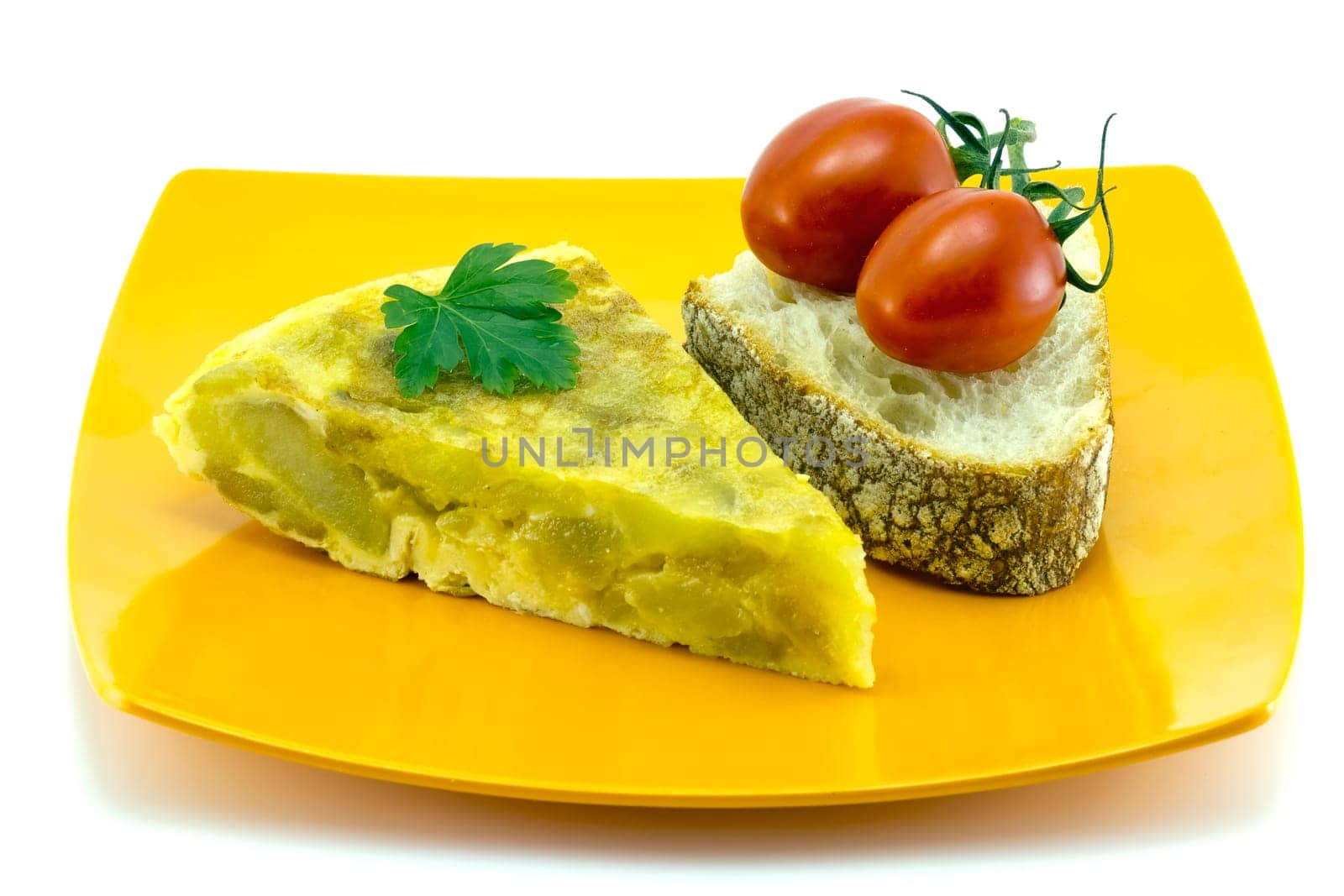 skewer Spanish omelette, top gift parsley leaf, white background