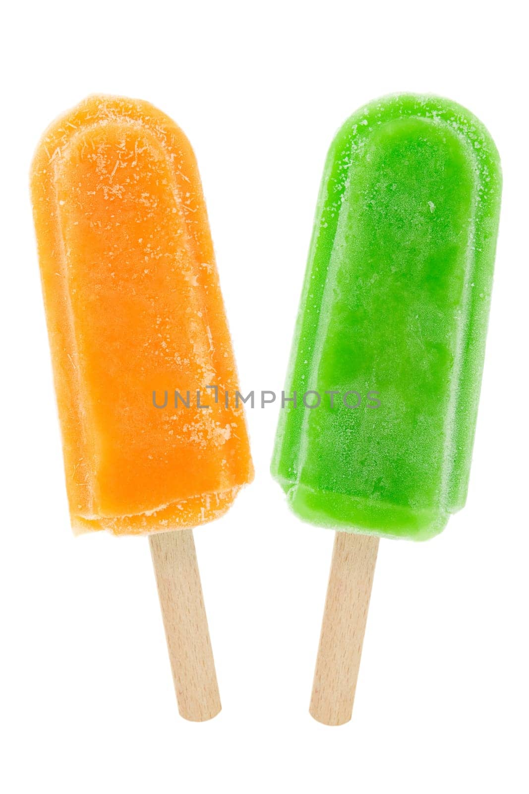 orange and kiwi popsicles isolated on white background.