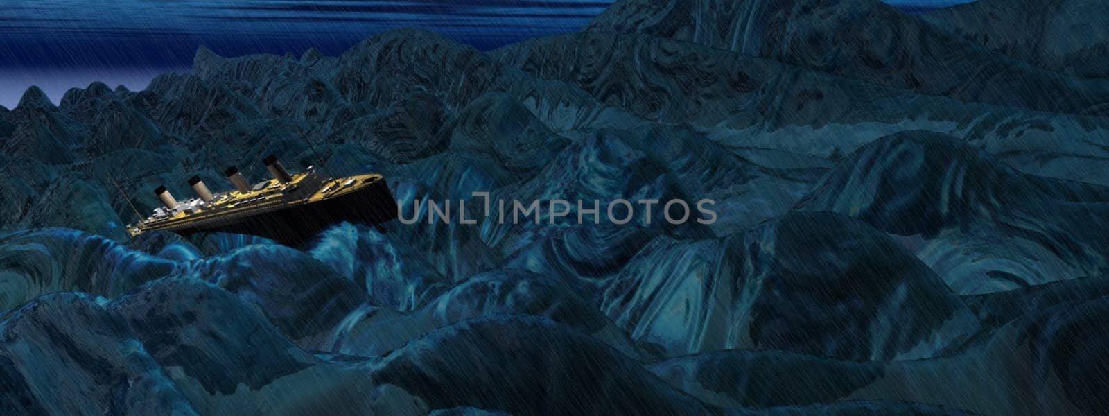 Titanic boat among big waves in a storm in the ocean