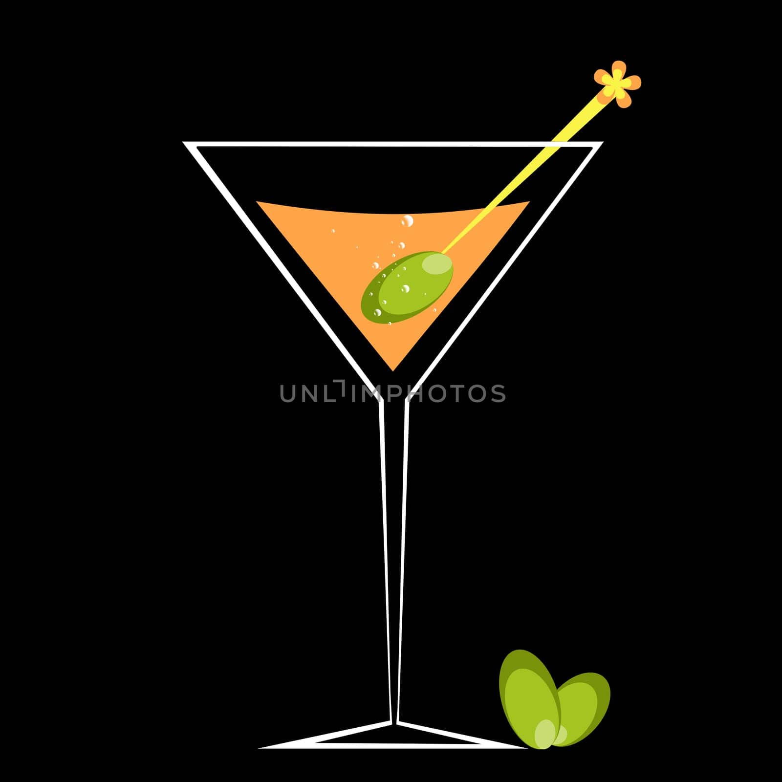 Cocktail and olive isolated on black background