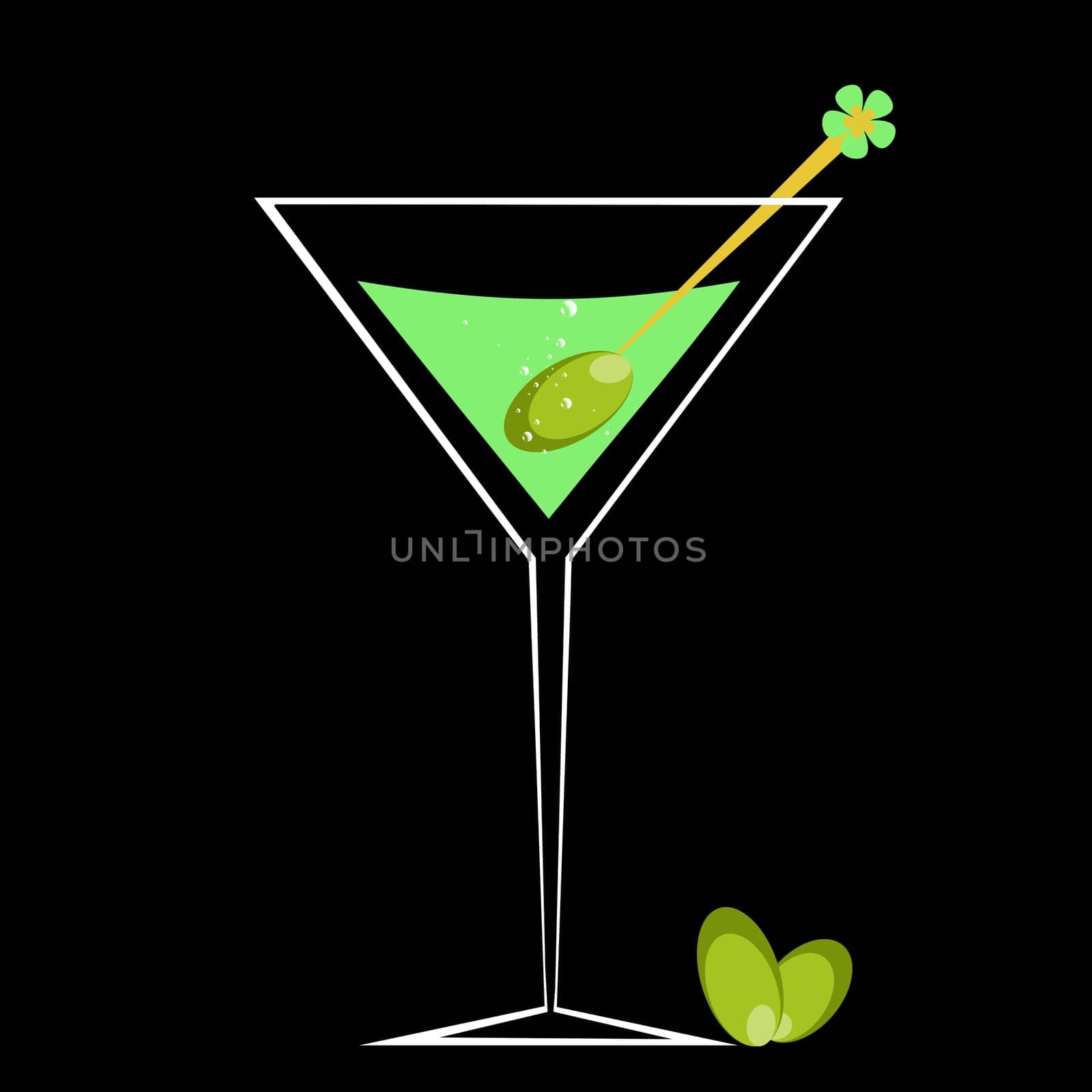 Cocktail and olive isolated on black background