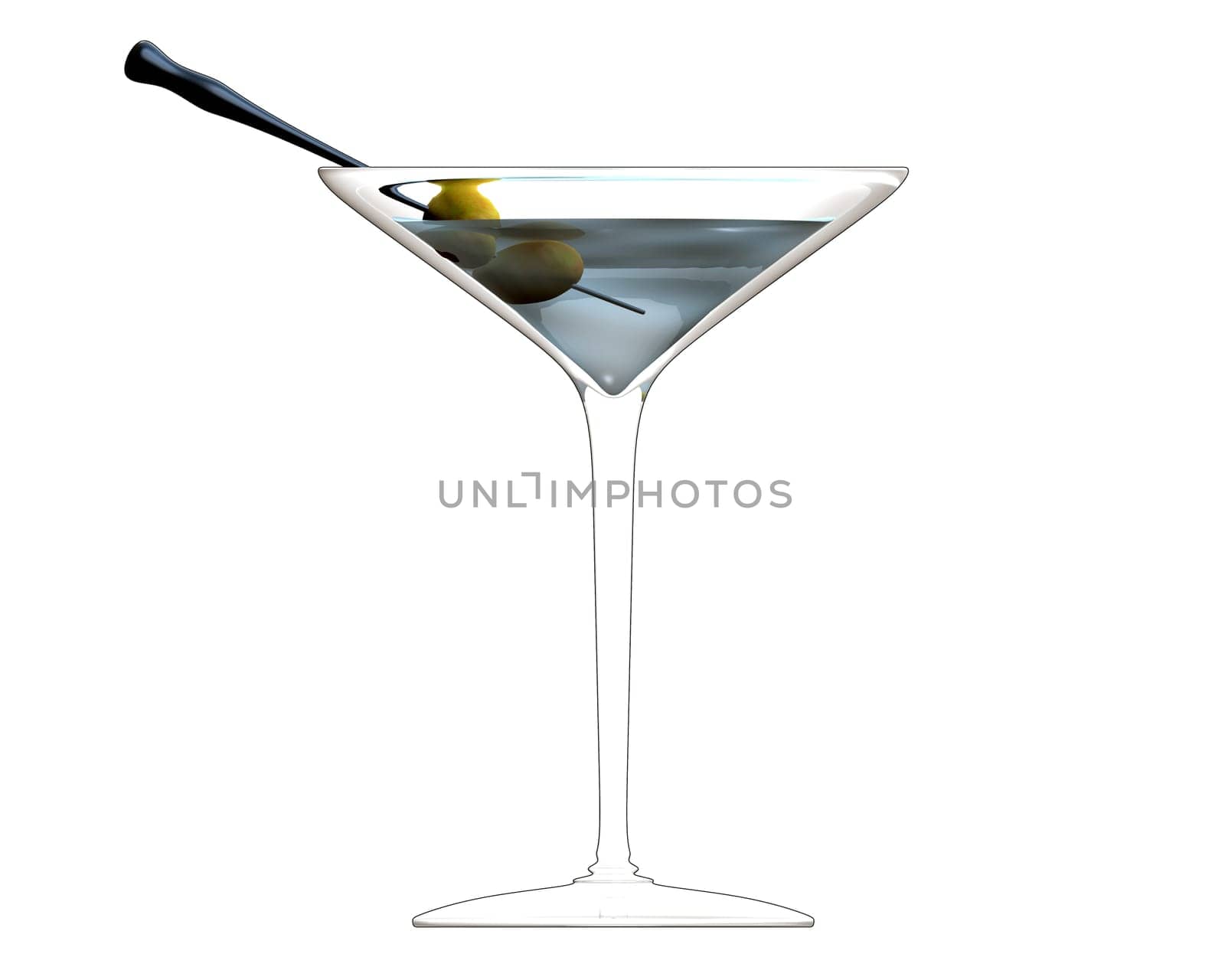 3D made - illustration of cocktail glass with green olives