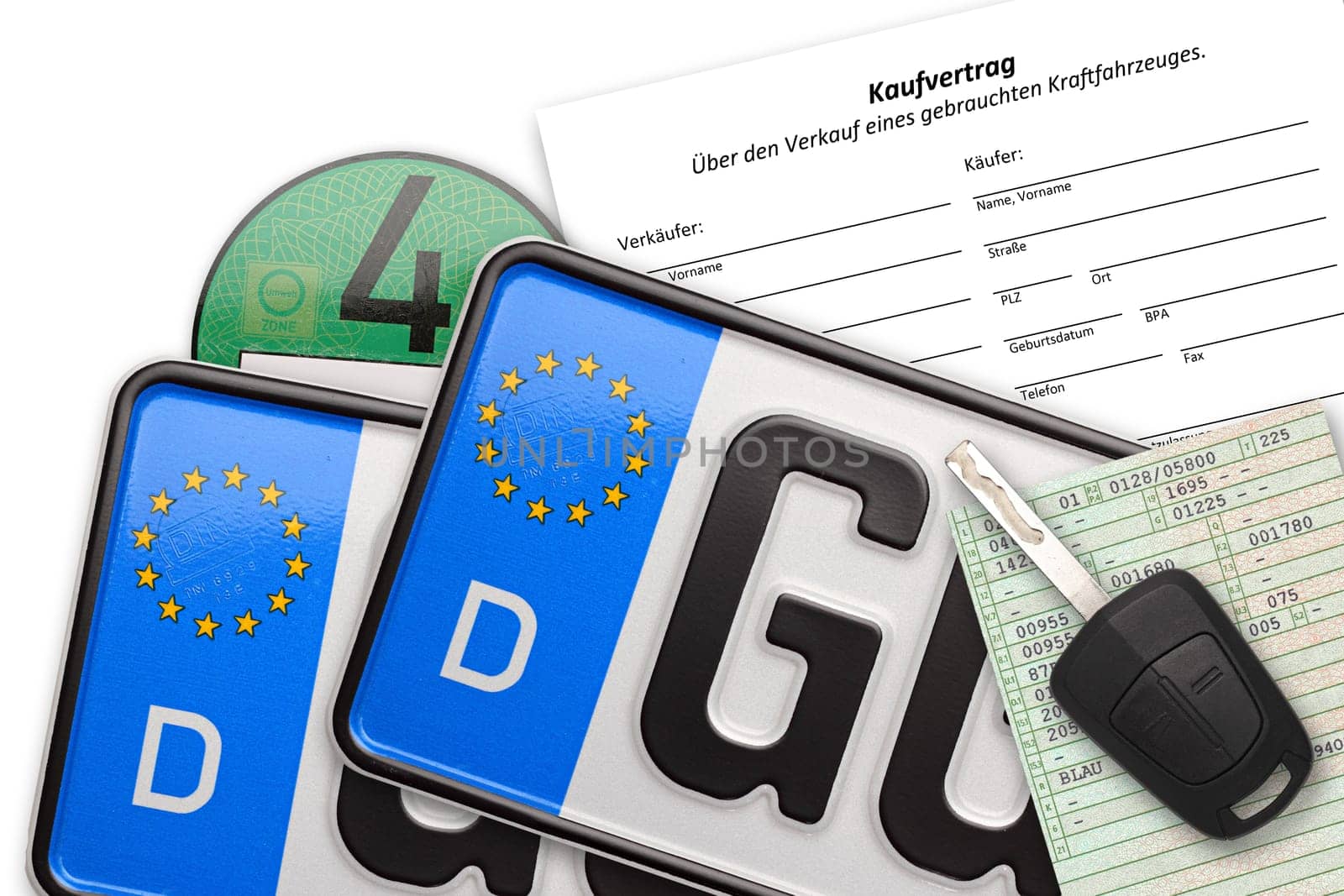 License plates,car keys and documents on white background.