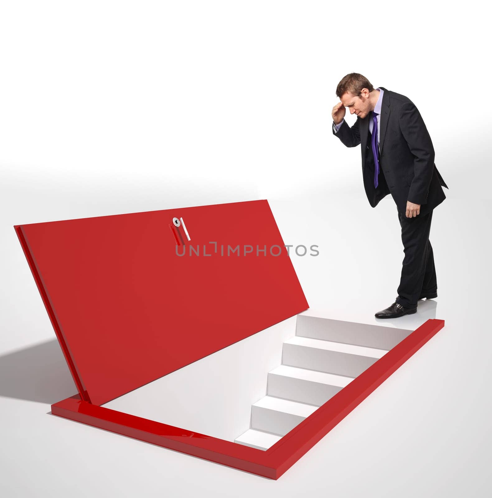 man look into a red door on floor